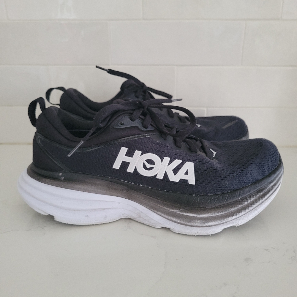 Hoka Bondi 8 Black White Running Athletic Shoes Mesh Lace-Up Rocker Heel 7.5